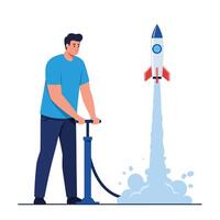 Man pumping air into rocket with detailed flat design art vector