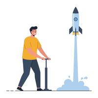 Man using pump to launch rocket in flat style art vector