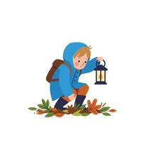 Young boy exploring nature with lantern in flat art style illustration vector