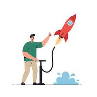 Man pumping rocket with enthusiasm in flat and colorful art vector