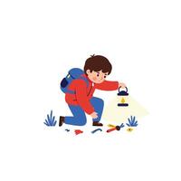 Boy exploring nature with flashlight in flat art style vector