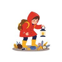 Child exploring nature with lantern in red coat, minimal art vector