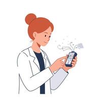Doctor interacting with smartphone in flat illustration style showcasing healthcare technology vector