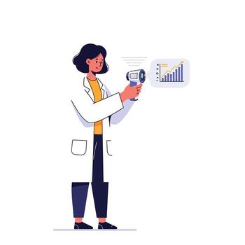 Scientist holding a device displaying data trends in flat art vector