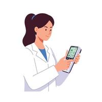 Scientist in lab coat using digital device in flat illustration vector