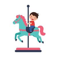 Happy child riding a colorful carousel horse in flat art style vector