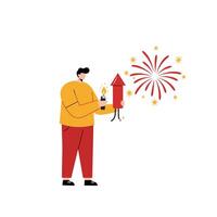 Person holding firework with sparkles in flat and colorful art vector