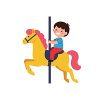 Happy child riding a colorful carousel horse in flat art vector