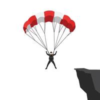 Parachutist in action with red and white parachute in flat art vector