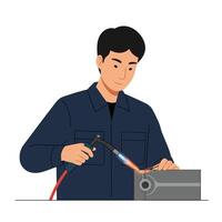 Skilled technician working with welding torch in flat art style vector
