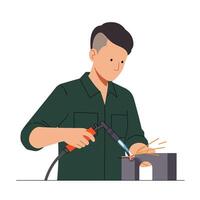 Welder using torch for metal fabrication in flat art vector