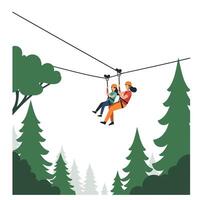 Zipline adventure through lush green trees in flat art style vector