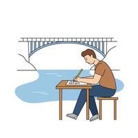 Person sketching by the water under a bridge in minimal flat art vector