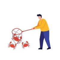 Person catching crabs with a net in a flat illustration vector