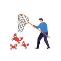 Man catching crabs with a net in a minimal flat style illustration vector