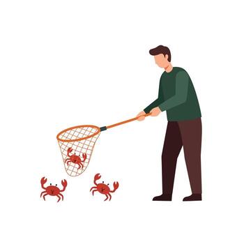 hombre atrapando cangrejos con red en plano ilustración estilo vector