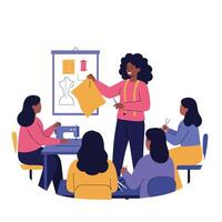 Tailoring workshop scene with instructor and students in flat art vector