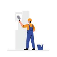 Painter applying fresh coat of paint in minimal flat art vector