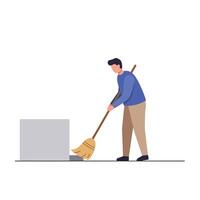 Man cleaning floor with broom in flat minimal style art vector