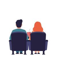 Couple sitting together in cinema chairs enjoying popcorn flat art vector