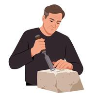 Sculptor shaping stone with chisel in flat minimal art vector