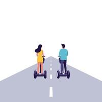 Two people riding hoverboards on a road in flat art style vector