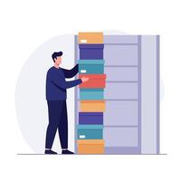 Person organizing colorful boxes in a flat minimal style art vector
