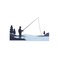 Fisherman casting line in serene landscape with flat design elements illustration vector