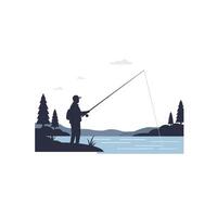 Fisherman casting line in serene lake scene flat art vector