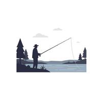 Fisherman casting line in serene lake setting, flat design illustration vector