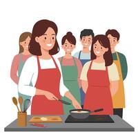 Cooking class scene with a instructor and students in flat art style vector
