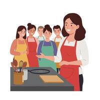 Cooking instructor demonstrating skills to enthusiastic students in flat art vector
