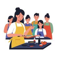 Cooking class scene with instructor and students in flat art illustration vector
