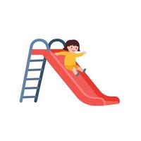Child joyfully sliding down a vibrant red slide in flat art vector