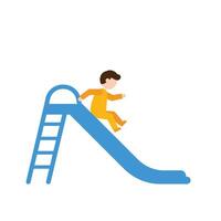 Child playing joyfully on a blue slide in flat illustration vector