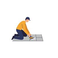 Man applying adhesive on tiles in flat design art vector