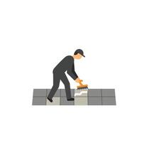 Worker laying tiles on a floor with trowel in flat art vector