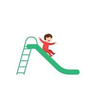 Child joyfully sliding down a green slide in flat art style vector