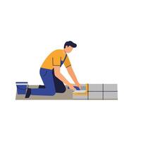 Worker applying adhesive to tiles in a flat minimal art illustration vector