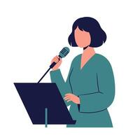 Woman holding microphone speaking at podium in flat art vector