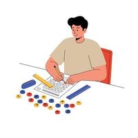 Man actively solving puzzles with colorful pieces in flat art vector