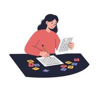 Woman engaged in puzzle-solving with colorful letters and numbers in flat art vector