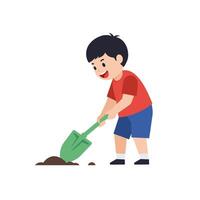 Child happily digging in the ground with a green shovel, flat art illustration vector