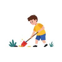 Young boy digging in ground with shovel in flat art vector