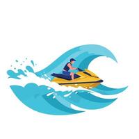 Jet ski riding through vibrant waves in flat art style vector