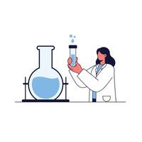 Scientist in lab coat working with beaker and test tube in flat art vector