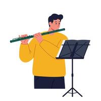 Young musician playing flute with music stand in minimal style art vector