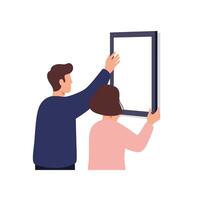 Couple collaborating to hang a picture frame in minimal art vector