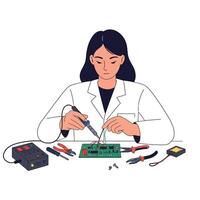 Technician assembling a circuit board with tools in minimal flat art vector