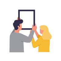 Two people holding an empty frame in a flat, minimal illustration vector
